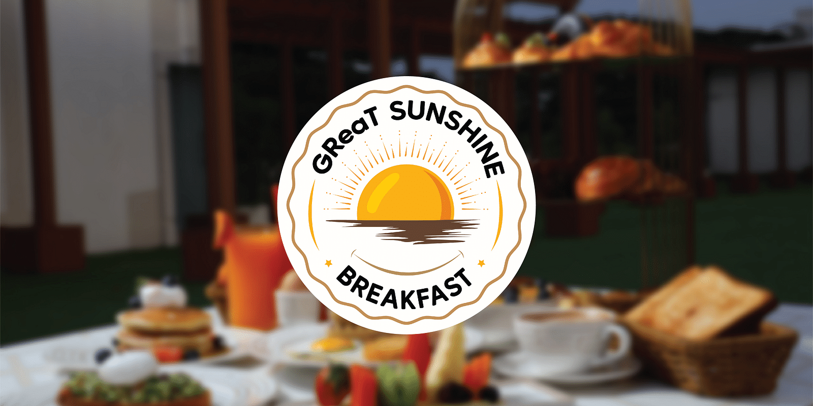 Logo of GReaT Sunshine Breakfast with a background of food placed on a table
